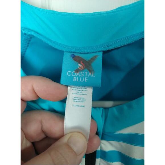 Coastal Blue Woman 1X Aqua White Rash Guard Long Sleeve 1/4 Zip Pullover - Picture 3 of 9